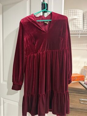 Taylor Burgundy Velvet V-Neck Long Sleeve Tiered A-Line Short Dress, 12